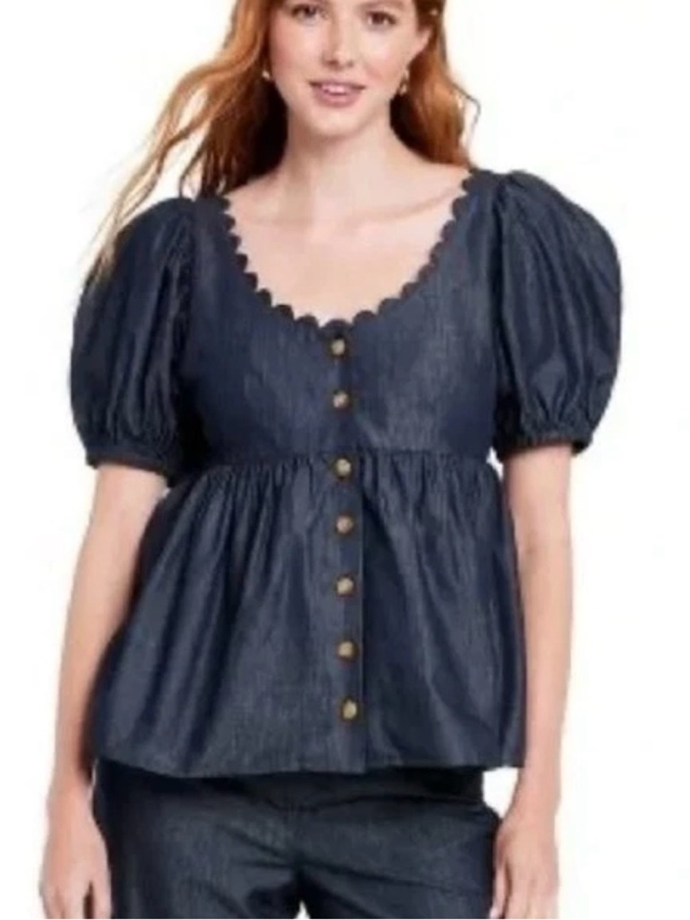 Kika Vargas Women’s Soft Blue Denim Jay Scoop Neck Short Puff Slv. Button Top L